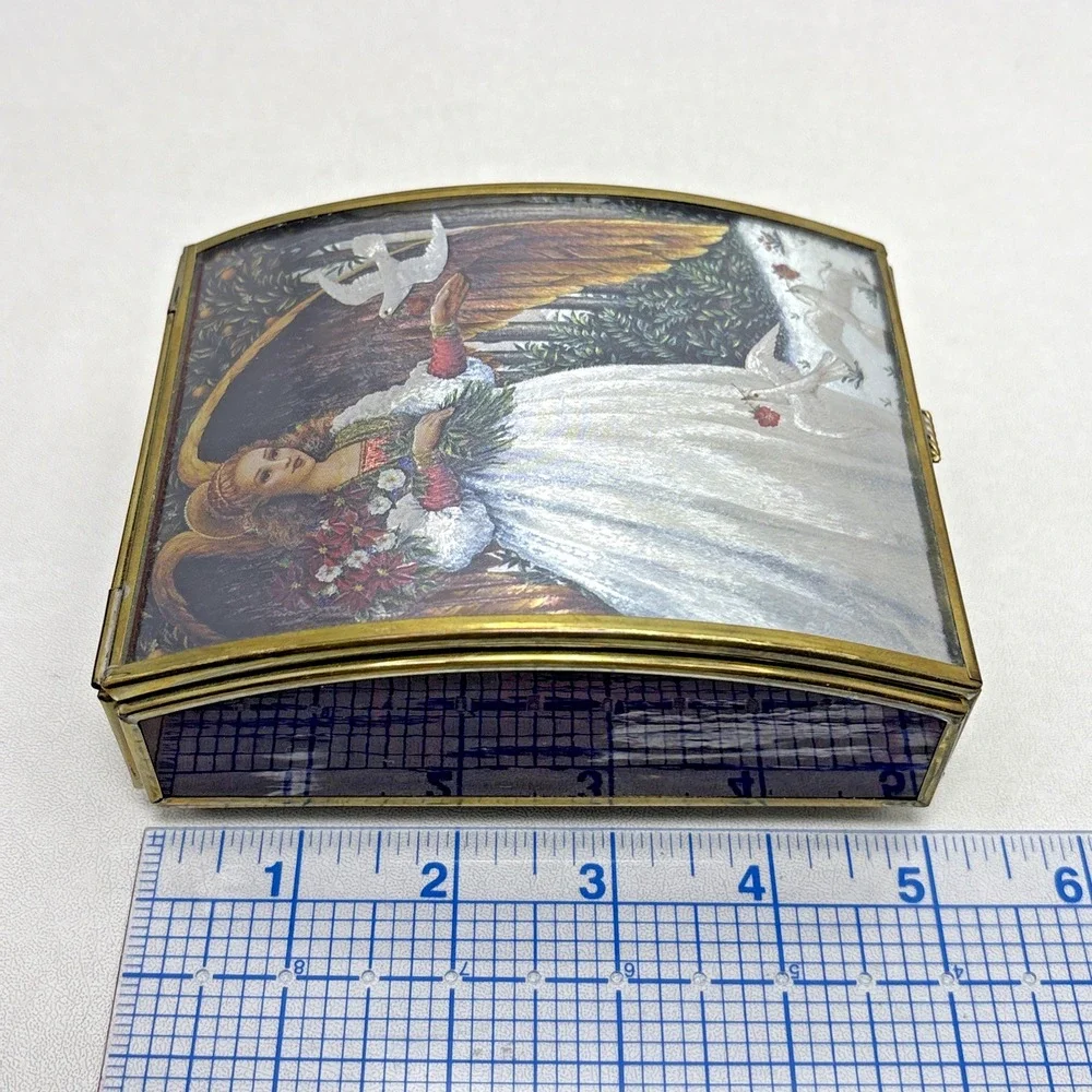 Vintage 90s Angel Glass Jewelry Music Box Ave Maria Enesco Lynn Bywaters Foil